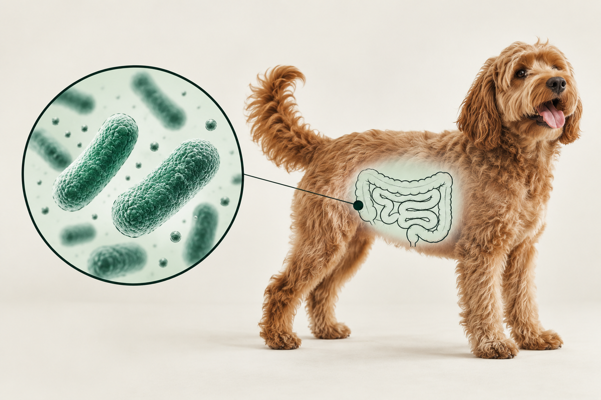 Cockapoo with its gut illustrated, and a magnified view of live Bacillus velezensis cultures
