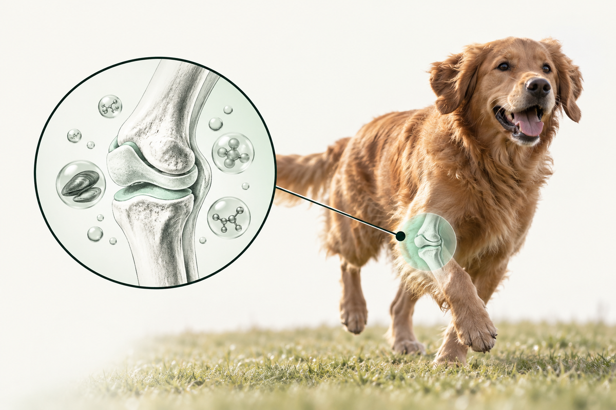 Golden retriever running, with a magnified view of a joint showing glucosamine, chondroitin, MSM and green-lipped mussel