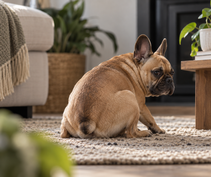 French bulldog scooting on a rug