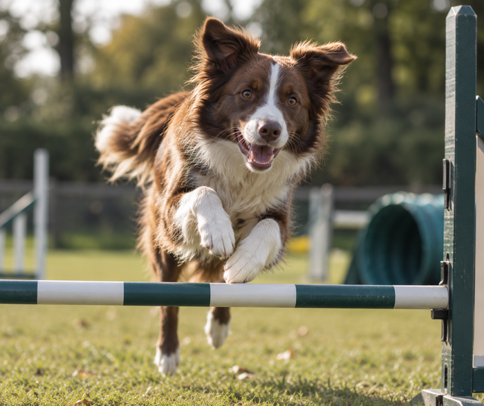 Border collie jumping an agility hurdle