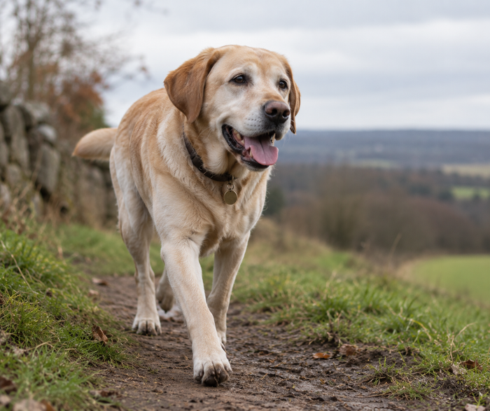 Older labrador walking on a hillside path