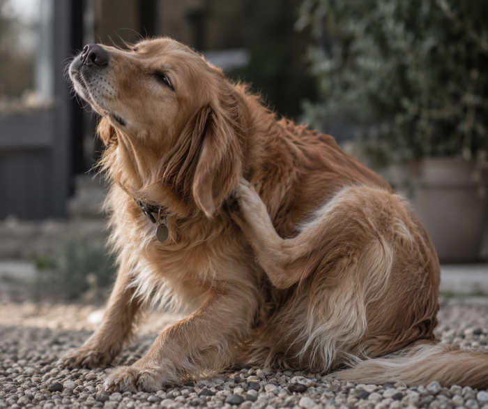 Golden retriever scratching an itch