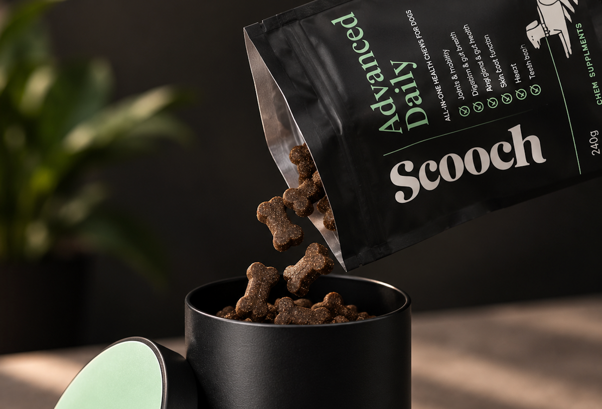 Advanced Daily pouch pouring soft chews into a black tin