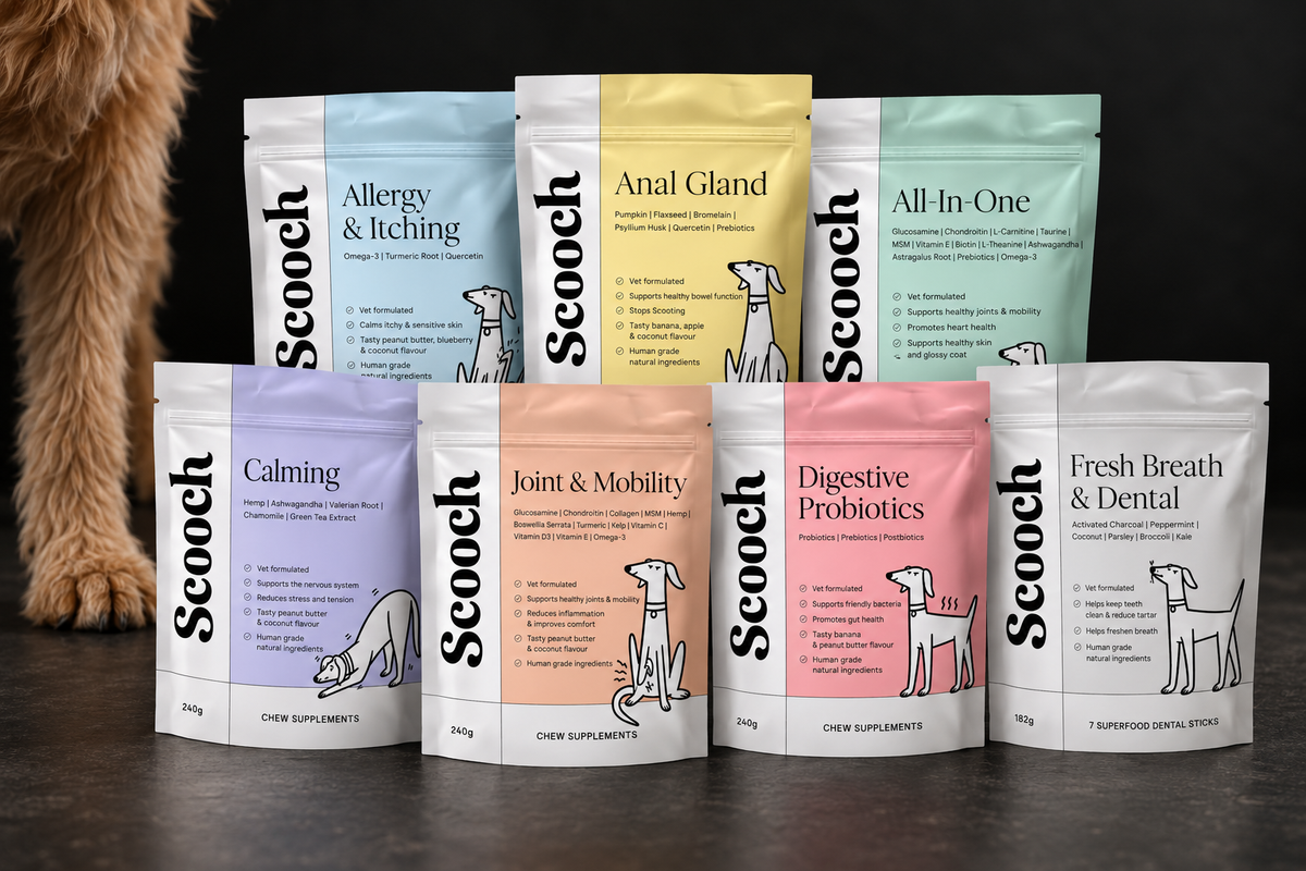 The seven original Scooch chew supplements: All-In-One, Anal Gland, Digestive Probiotics, Allergy & Itching, Calming, Joint & Mobility, Fresh Breath & Dental